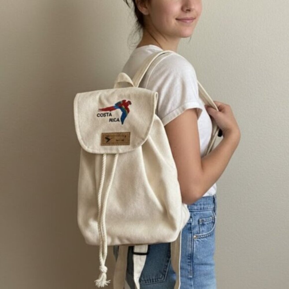 Hummingbird Costa Rica Canvas Backpack Cream Macaw Embroidered Souvenir Backpack